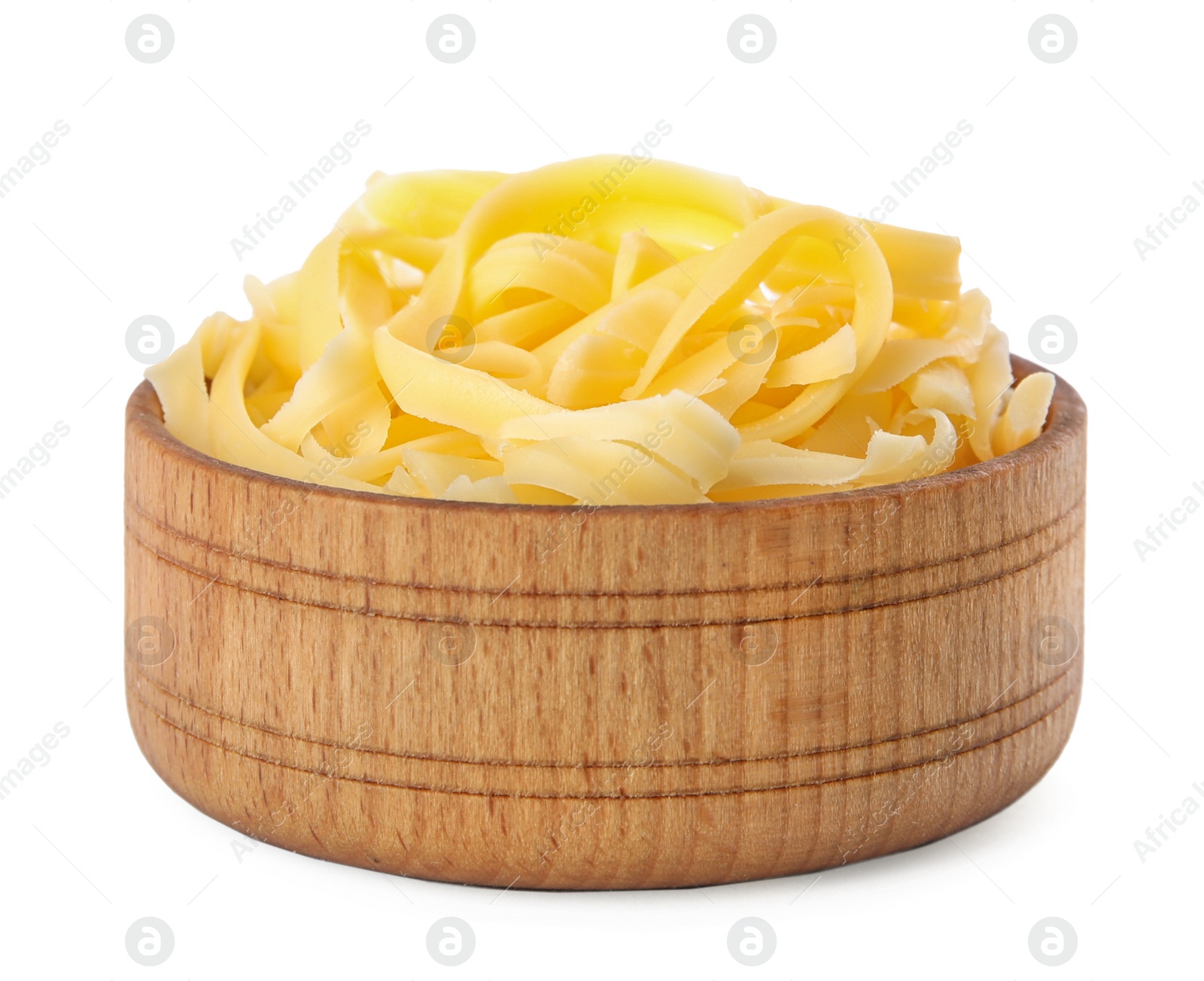 Photo of Wooden bowl with grated cheese isolated on white