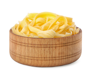 Wooden bowl with grated cheese isolated on white