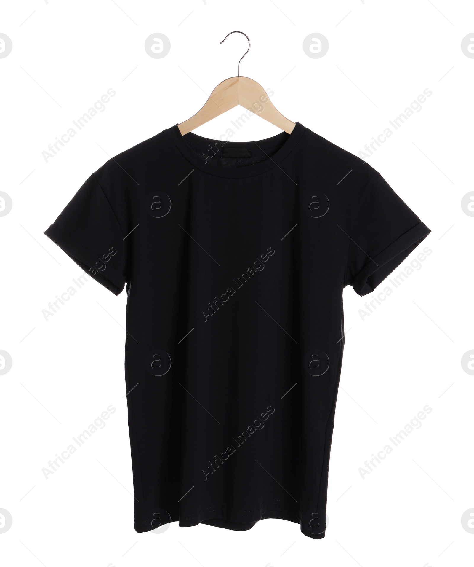 Photo of Hanger with stylish black t-shirt on white background