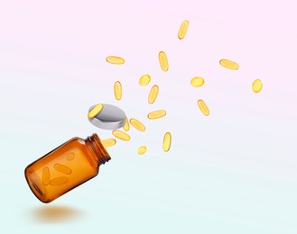 Image of Vitamin. Softgel capsules flying out from bottle on color background