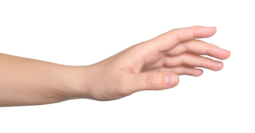 Photo of Woman against white background, closeup on hand