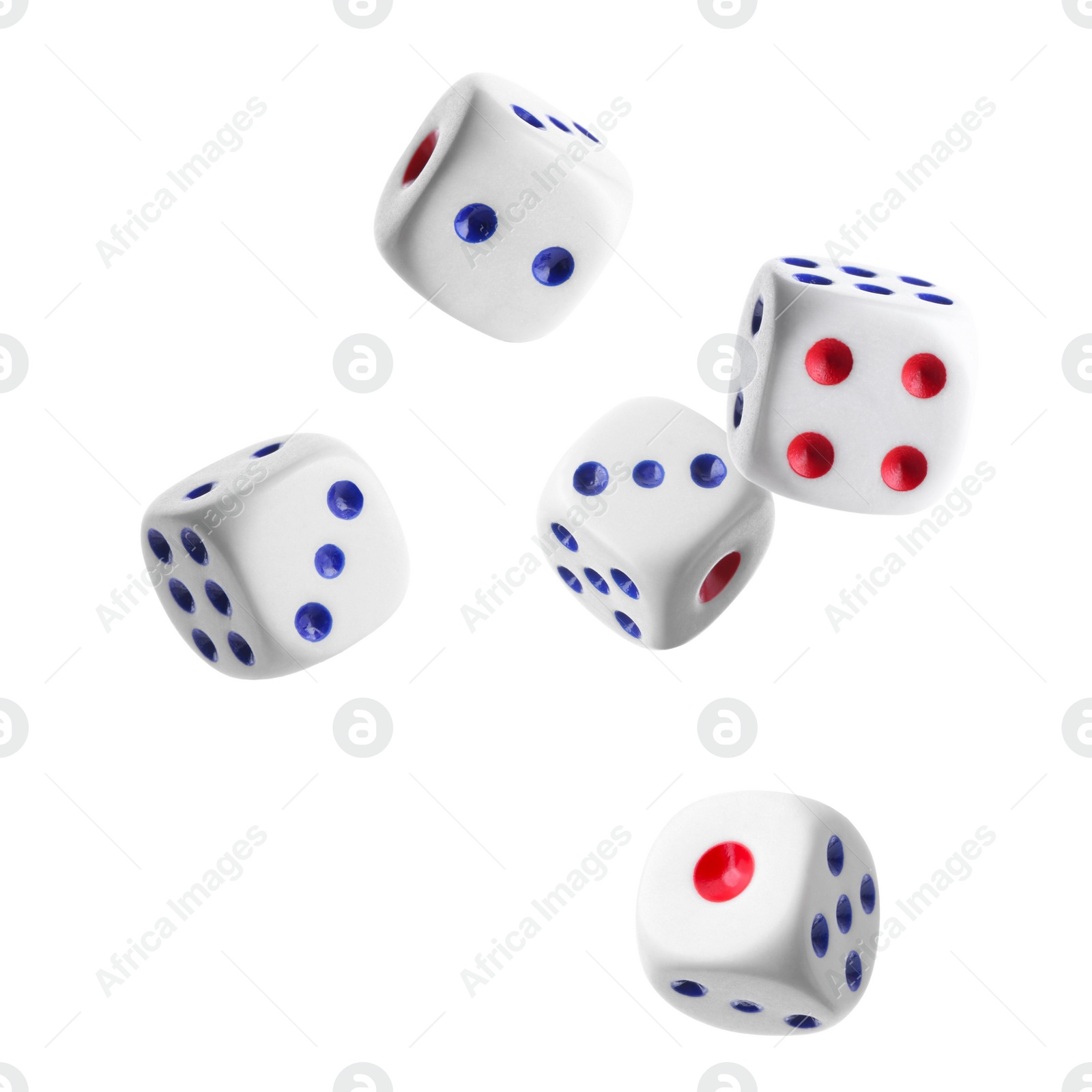 Image of Five dice in air on white background