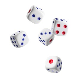 Five dice in air on white background