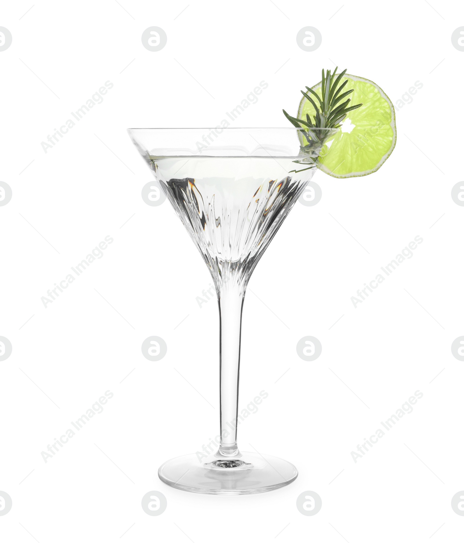Photo of Martini glass of refreshing cocktail with lime and rosemary isolated on white