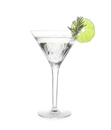 Martini glass of refreshing cocktail with lime and rosemary isolated on white