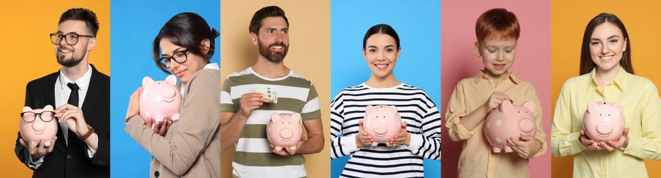 Collage with photos of people holding ceramic piggy banks on different color backgrounds. Banner design