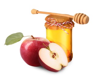 Image of Honey in glass jar, apples and dipper isolated on white