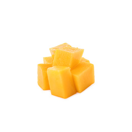 Photo of Cubes of ripe mango isolated on white. Exotic fruit