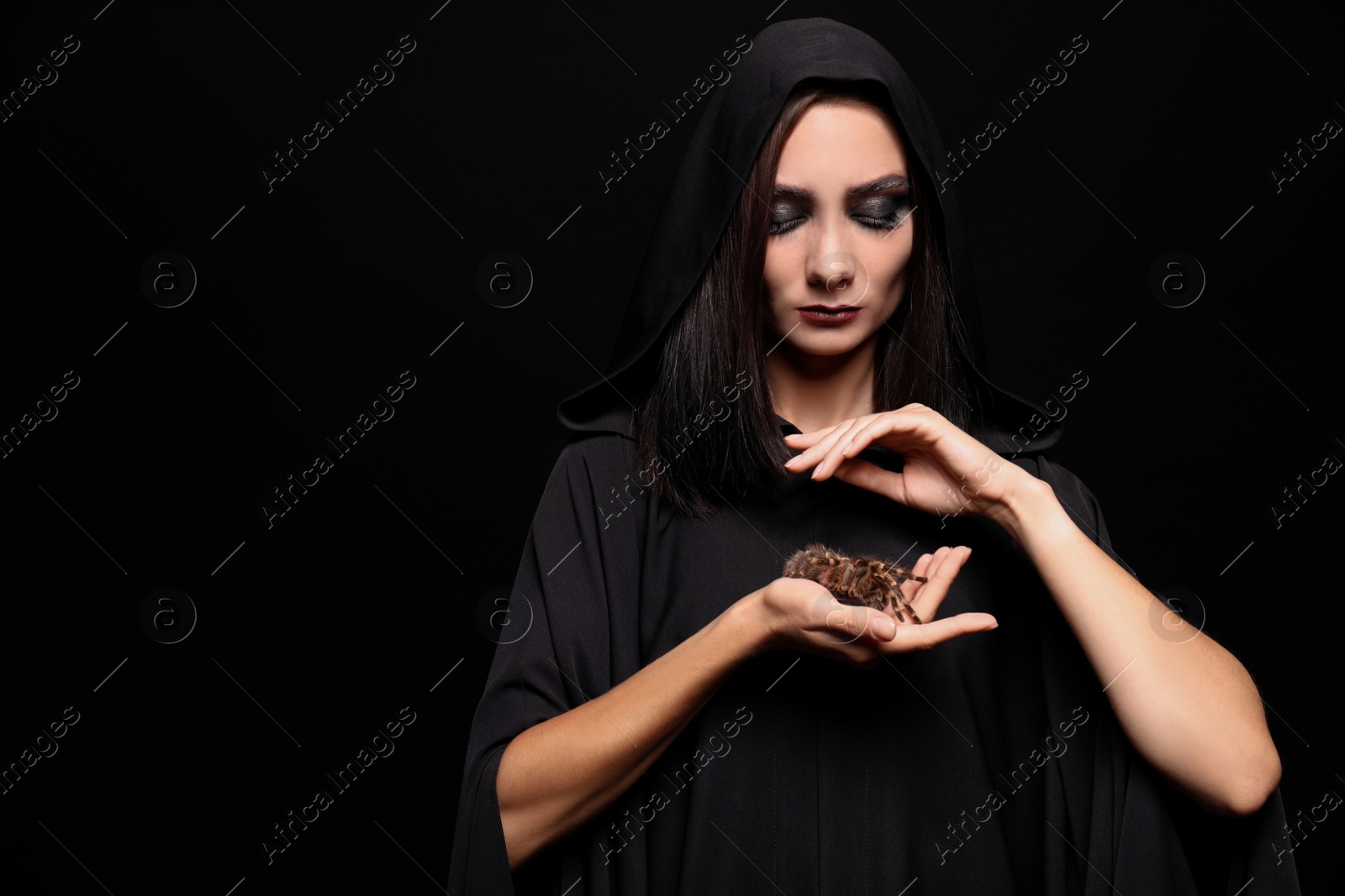 Photo of Mysterious witch with spooky spider on black background, space for text