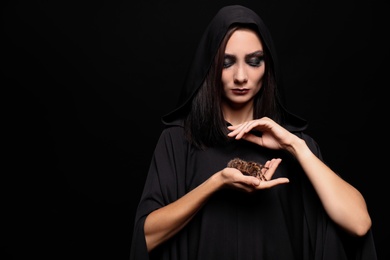 Photo of Mysterious witch with spooky spider on black background, space for text