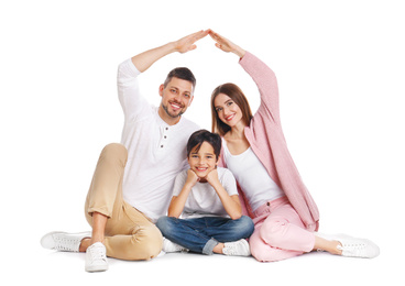 Happy family forming roof with their hands on white background. Insurance concept