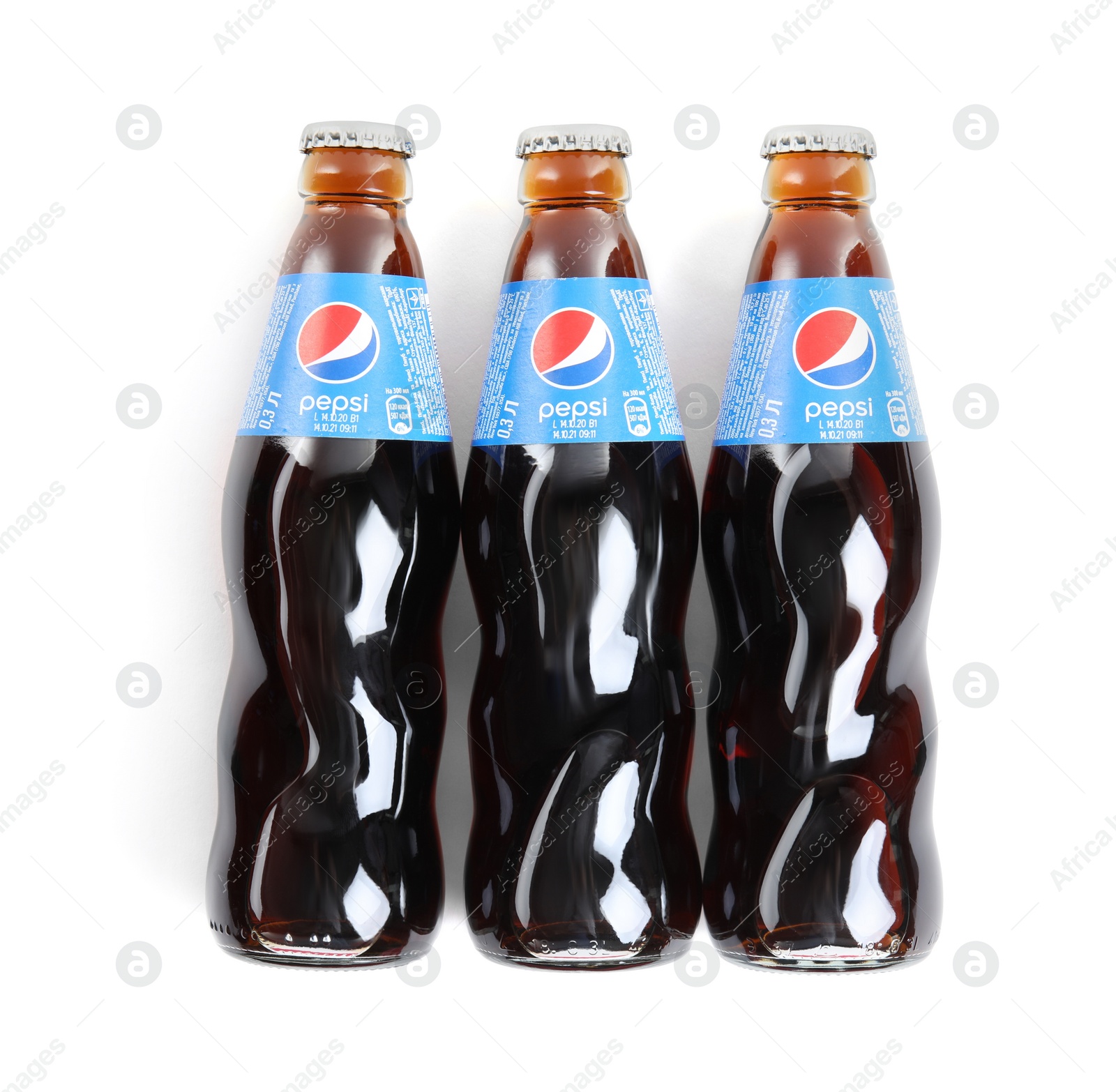 Photo of MYKOLAIV, UKRAINE - FEBRUARY 10, 2021: Bottles of Pepsi on white background, top view