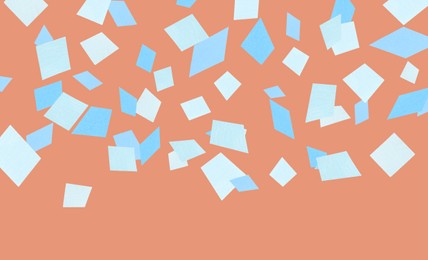 Bright confetti falling on coral background. Banner design