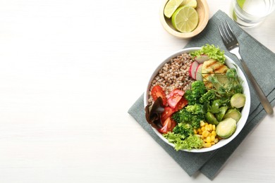 Photo of Healthy meal. Tasty products in bowl on white table, top view. Space for text