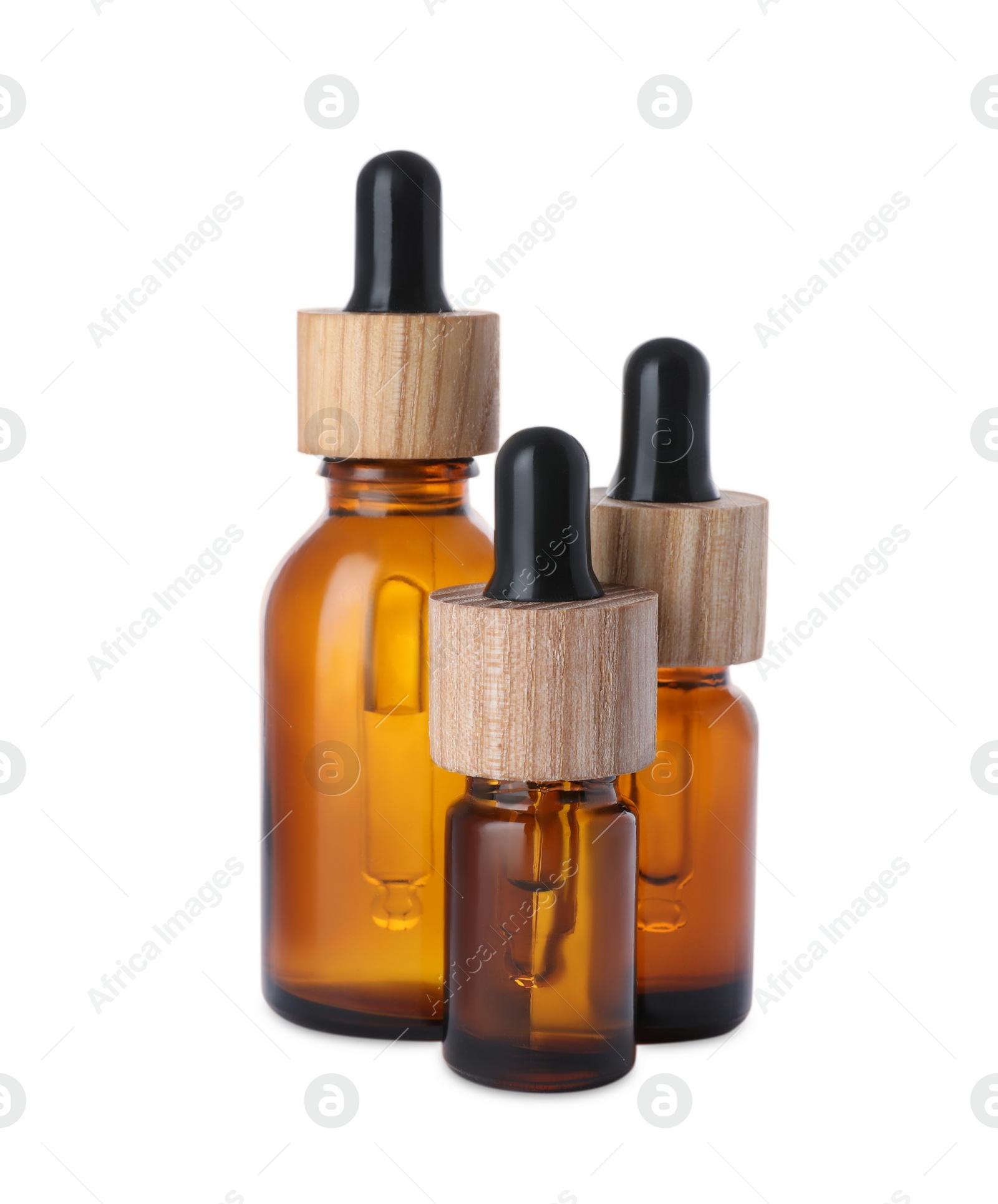 Photo of Different bottles of essential oil on white background