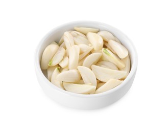 Photo of Peeled cloves of fresh garlic in bowl isolated on white