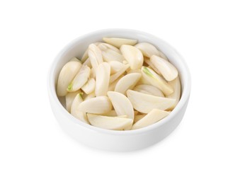 Peeled cloves of fresh garlic in bowl isolated on white