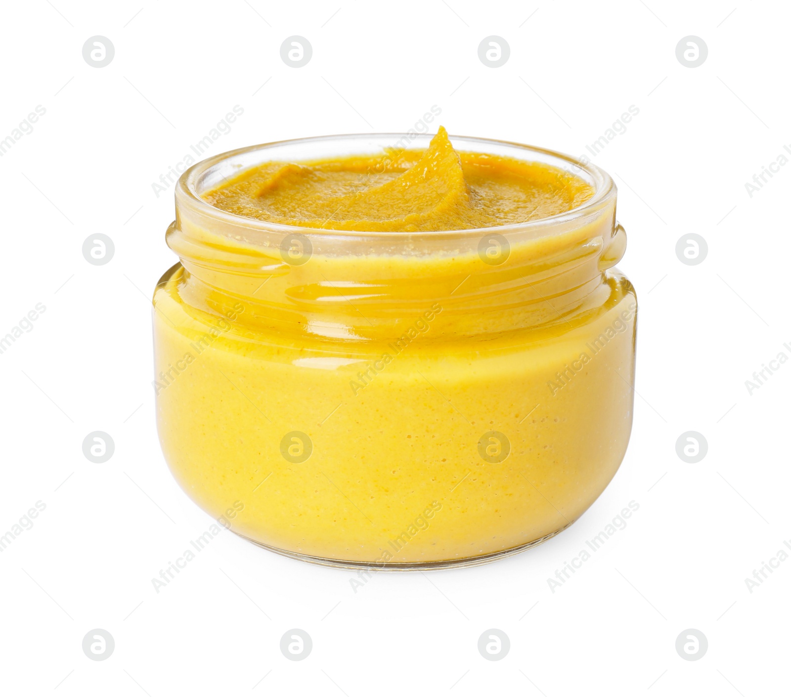 Photo of Fresh tasty mustard sauce in glass jar isolated on white