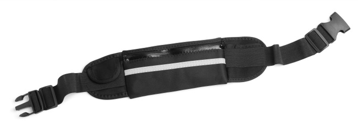 Stylish black waist bag isolated on white, top view