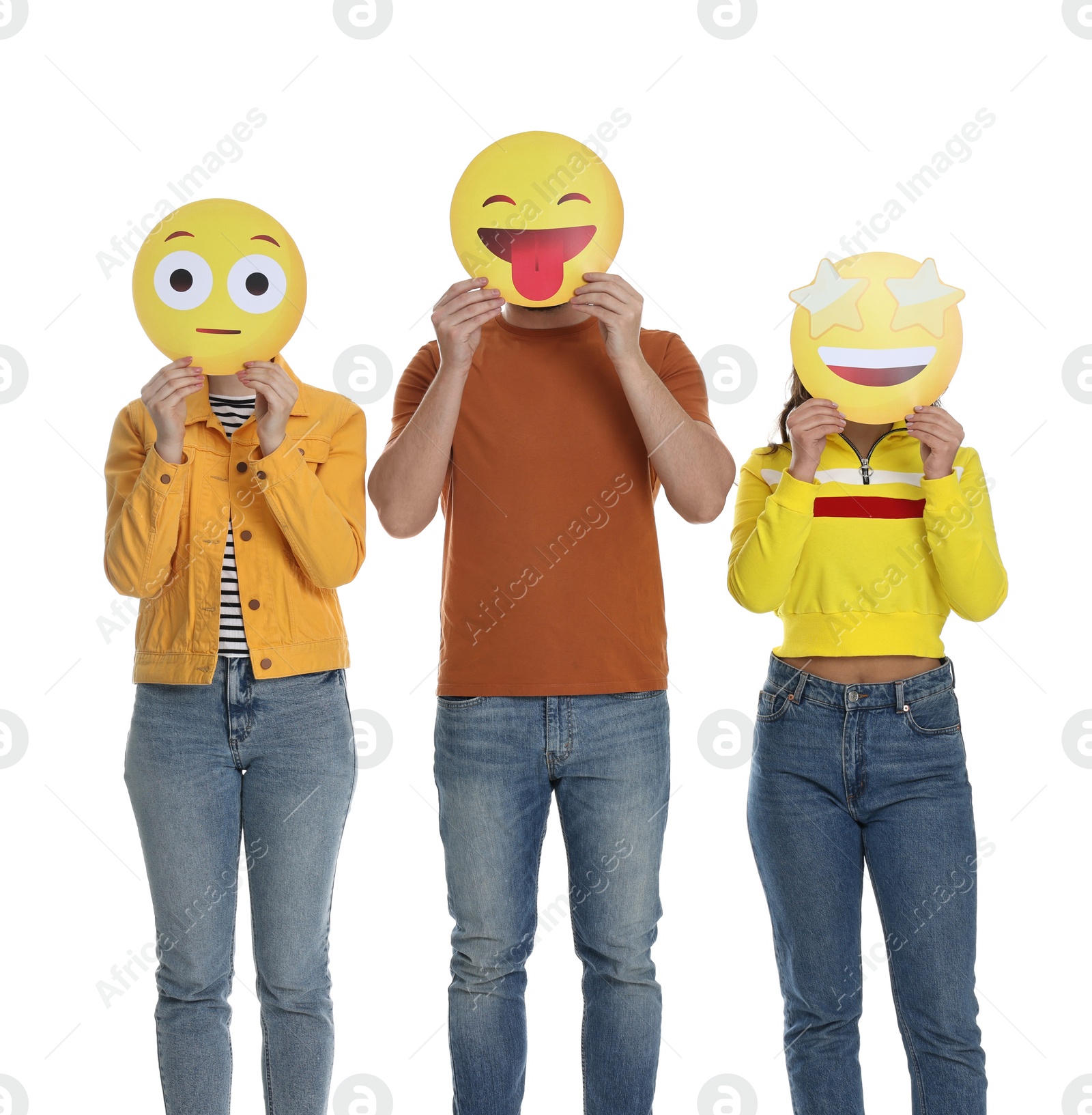 Photo of People covering faces with emoticons on white background