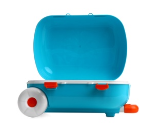 Stylish little blue suitcase on white background