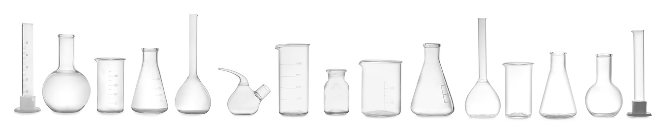 Image of Set of laboratory glassware on white background. Banner design