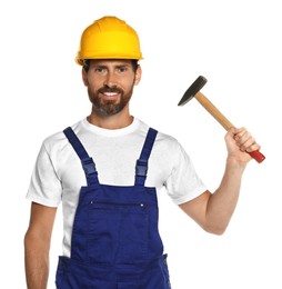 Professional builder in uniform with hammer isolated on white