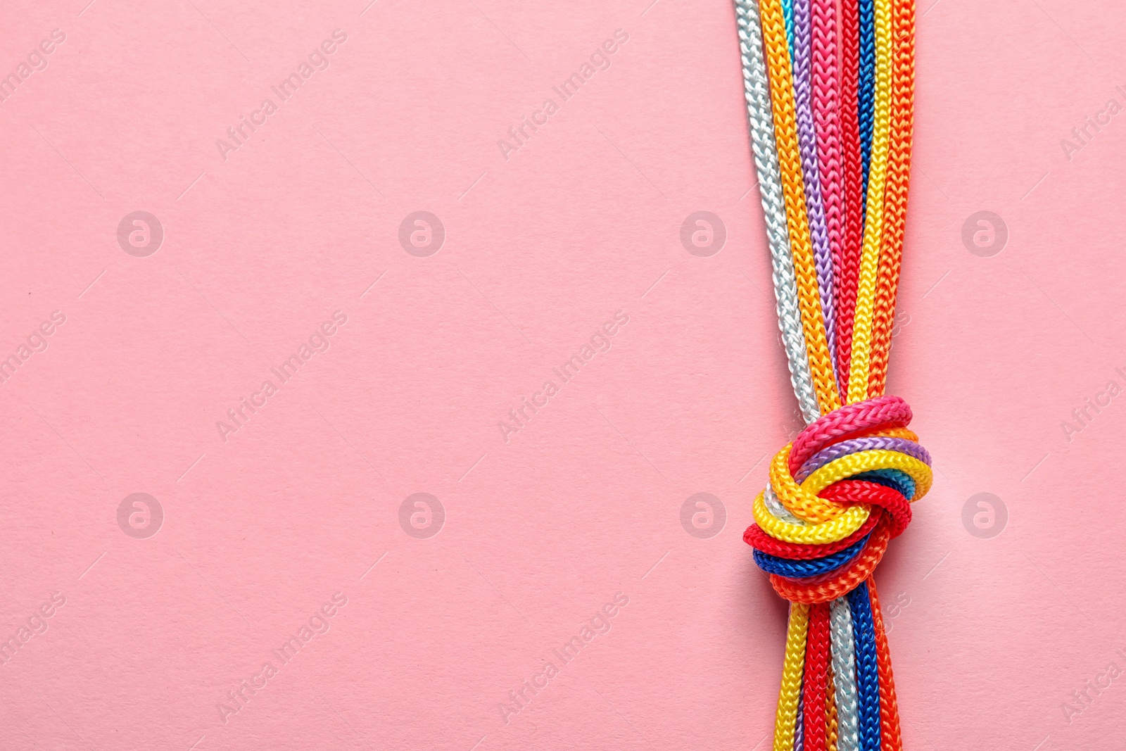 Photo of Different ropes tied together with knot on color background. Unity concept