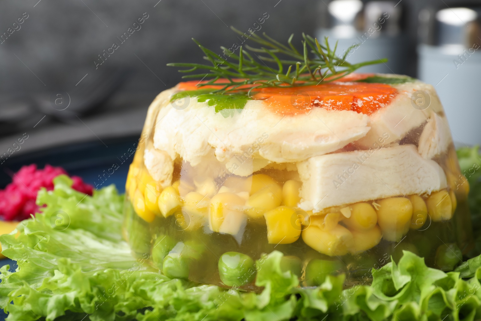 Photo of Delicious chicken aspic with vegetables on plate, closeup