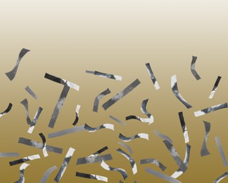 Image of Shiny silver confetti falling on gradient golden background