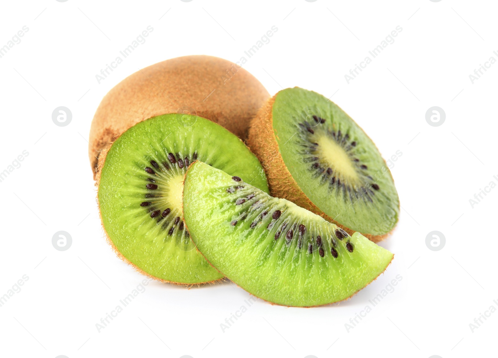 Photo of Cut and whole fresh kiwis on white background