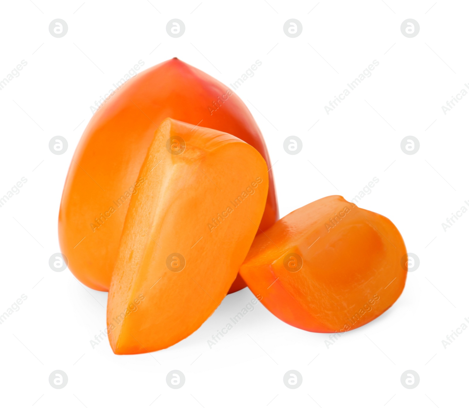 Photo of Whole and cut delicious ripe juicy persimmons on white background