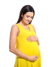 Young pregnant woman in casual clothes on white background