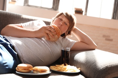 Photo of Overweight boy with fast food on sofa at home