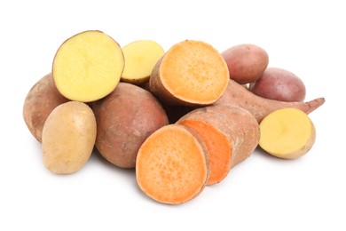 Photo of Different types of fresh potatoes on white background