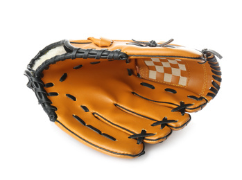 Photo of Leather baseball glove isolated on white. Sportive equipment