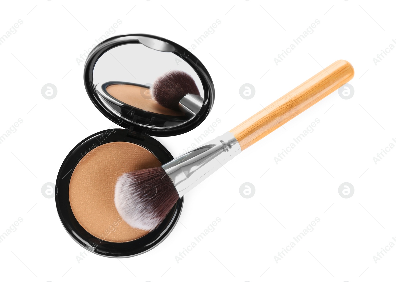 Photo of Face powder with brush on white background, top view. Makeup product