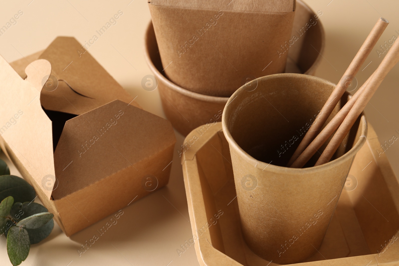 Photo of Eco friendly food packaging. Paper containers, straws and eucalyptus branch on beige background, closeup