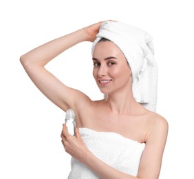 Photo of Beautiful woman applying deodorant on white background