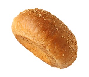 Photo of One fresh burger bun with sesame seeds isolated on white