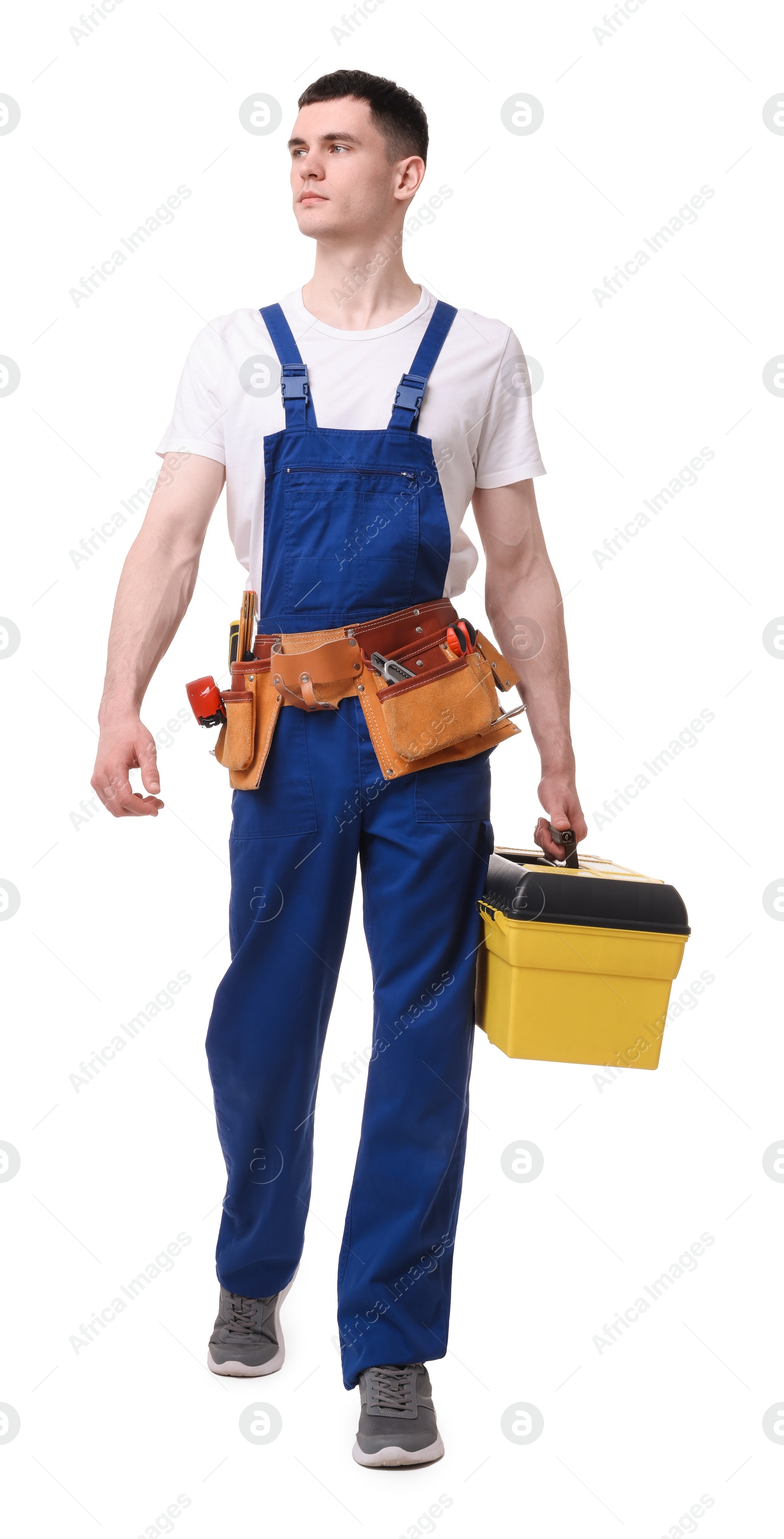 Photo of Professional repairman with tool box on white background