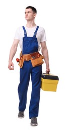 Professional repairman with tool box on white background