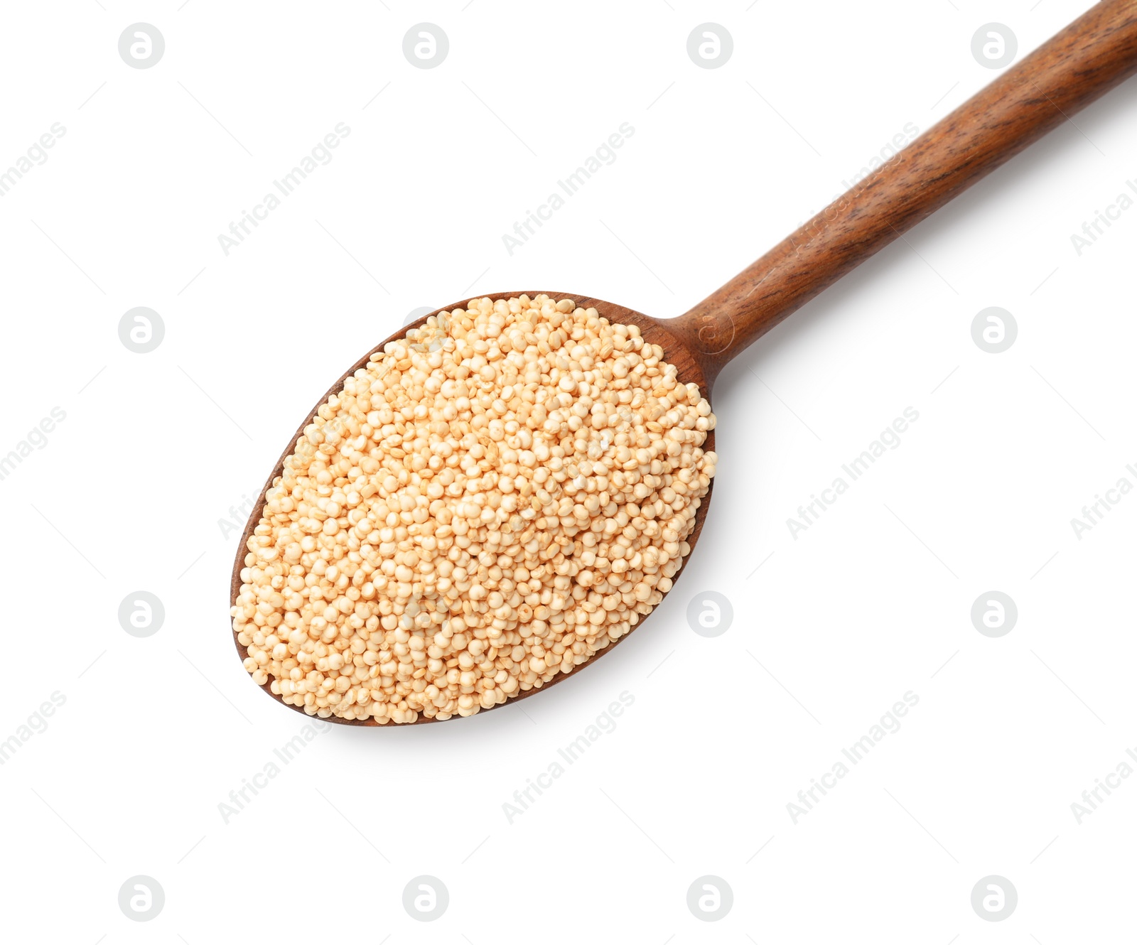 Photo of Wooden spoon with raw quinoa isolated on white, top view