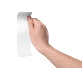 Photo of Man holding piece of blank thermal paper for receipt on white background, closeup