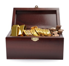 Photo of Wooden treasure chest with gold bars, coins and jewelry isolated on white