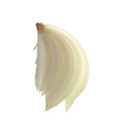 Photo of Slice of fresh ripe onion on white background