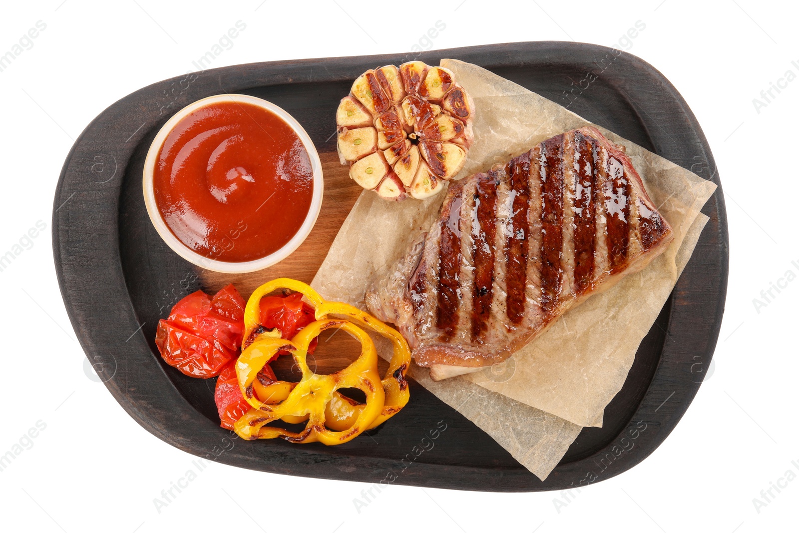 Photo of Delicious grilled beef steak with spices and tomato sauce isolated on white, top view