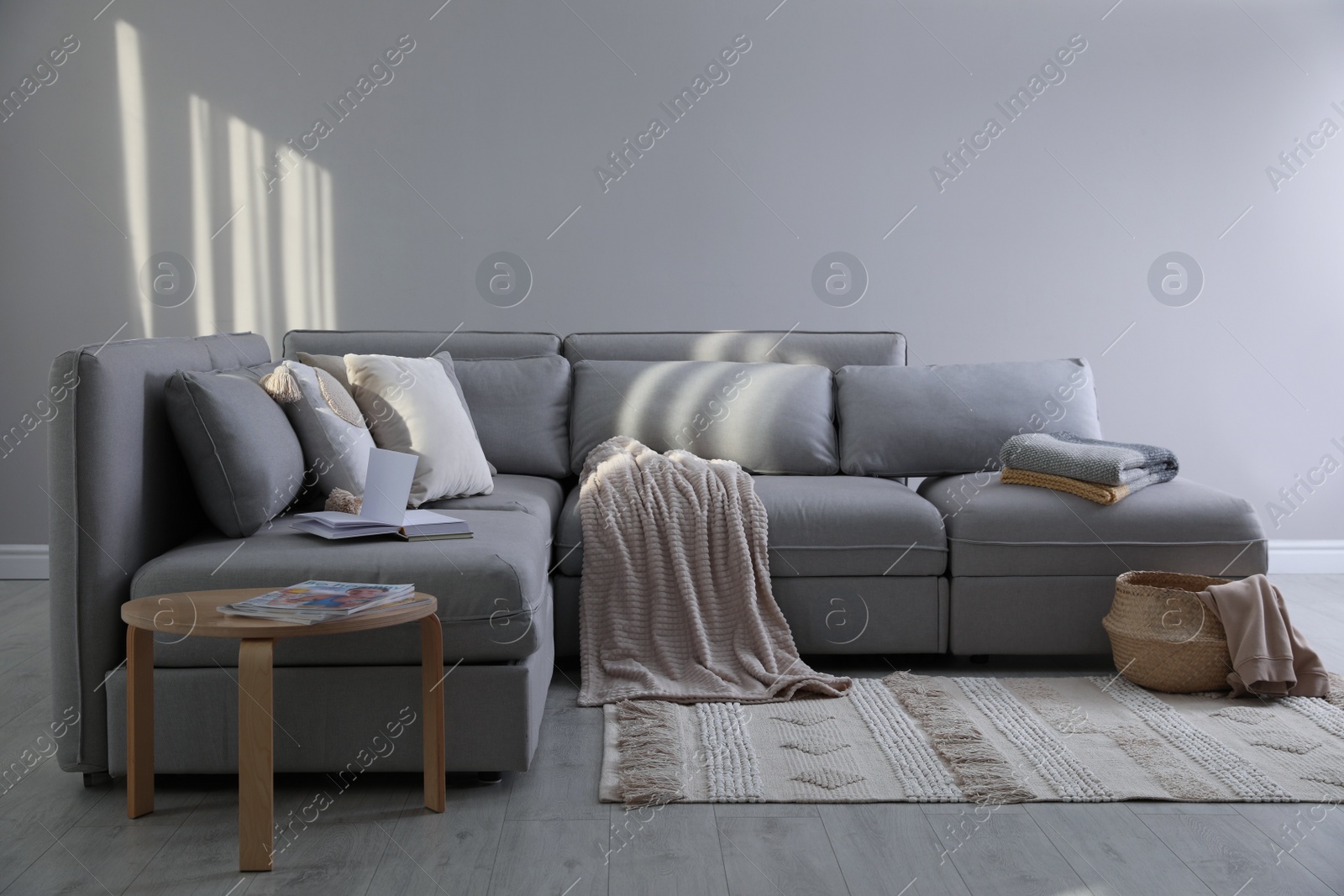 Photo of Living room interior with large grey sofa