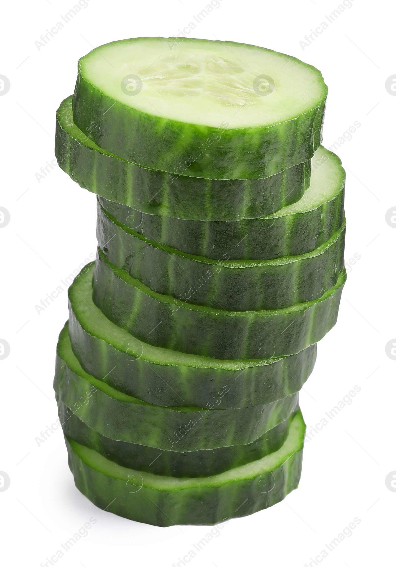 Photo of Stack of fresh cut cucumber isolated on white