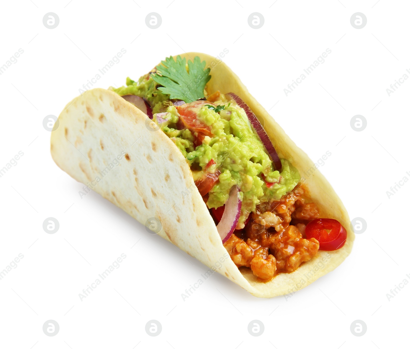 Photo of Delicious taco with guacamole and vegetables isolated on white